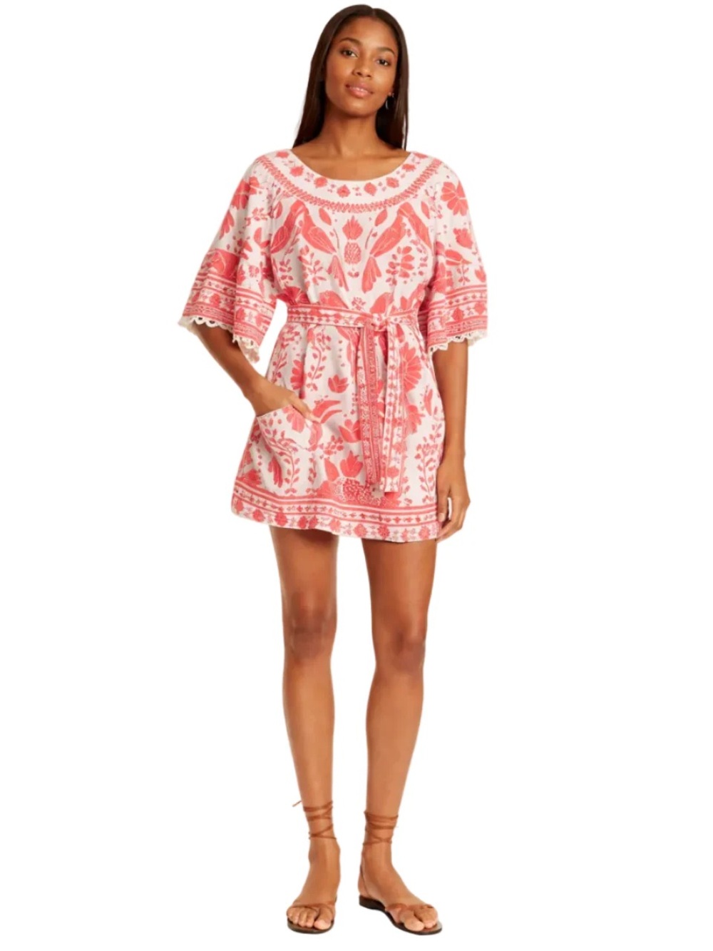 FARM Rio Coral and White Printed Tie-Waist Tunic